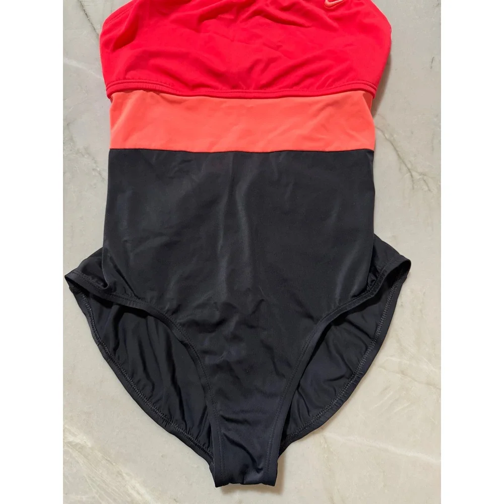 Nike Womens Colorblock One Piece Swimsuit Red Coral Black Athletic Swimwear Sz L
